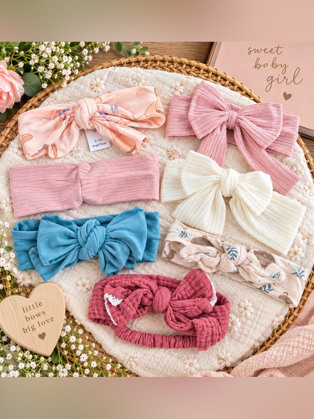Angel Dear Baby Girl Headband Bow Bundle 0-12M Bamboo Muslin Pink Floral 7 Pc